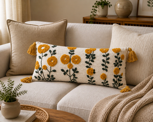 Custom Handmade Cotton Yellow Floral Embroidery Lumbar <b>Cushion</b> Boho Style Botanical Tufted <b>Long</b> Accent Pillow with Tassels - Product Image 5