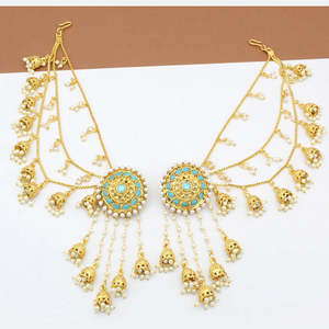 Boucles d'Oreilles Kundan Kanchan Jhumki en Plaqué Or avec Perles 10581065BLU - Product Image 1