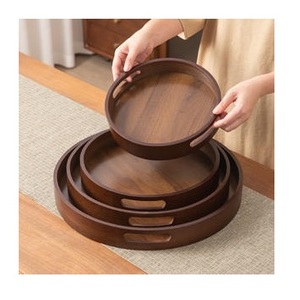 Plateau de service circulaire classique en bois foncé écologique de qualité supérieure avec accent décoratif en rail métallique segmenté, plateau ottoman décoratif - Product Image 5