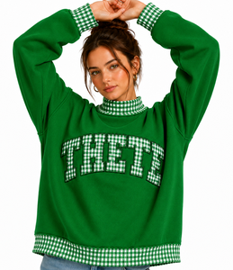 Sweat-shirt à col montant épais pour femme, coupe oversize, patchwork personnalisé à carreaux vichy, style universitaire décontracté - Product Image 1