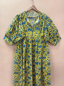 Women's <b>Loose</b> Fit Yellow Floral Print Cotton Midi <b>Dress</b> Tie-Neck Short Sleeve Casual Summer <b>Dress</b> Breathable Short <b>Dress</b> - Product Image 4