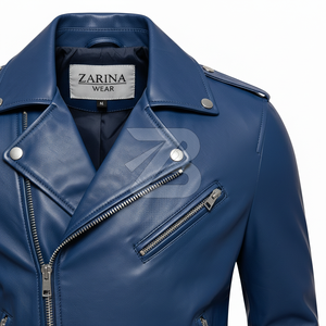 Chaqueta de Motero Zarina Wear para Hombre, de Cuero Genuino y Lona, para Invierno, Color Azul Rey, Cierre Asimétrico, Cinturón en la Solapa, OEM - Product Image 4