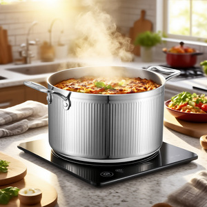 Stainless Steel Soup <b>Pot</b> With Lid Double Handle Vertical Stripe Design Dishwasher Safe <b>For</b> Gas And <b>Induction</b> Cooker - Product Image 3
