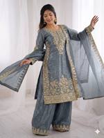 TENNECY Nuova Collezione Designer: Set Completo in Seta con Ricami Elaborati e Paillettes, Top e Dupatta per Uso Quotidiano