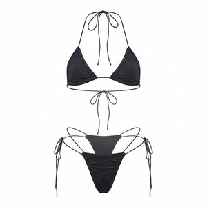 Women Black Halter <b>Bikini</b> <b>Set</b> With Tie Side Bottoms And Drawstring Detail Regular Fit Solid Color Swimwear - Product Image 1