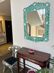Miroir artisanal rond en bois MDF avec incrustations d'os, écologique, de luxe, moderne, style bohème indien et artistique - Product Image 4