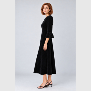 Robe midi en velours noir pour femme, manches cloche, volants, col rond trois quarts, coupe trapèze, élégante robe de soirée automne - Product Image 3