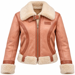 <b>Womens</b> Real Sheepskin Leather Shearling Jacket Peach Cream Plush Fleece Lapel Collar Buckle Strap Cozy Winter Outerwear <b>Coat</b> - Product Image 1