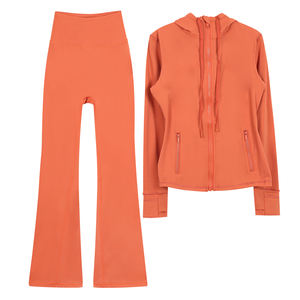 Set Sportivo da <span class=keywords><strong>Donna</strong></span> Personalizzato, Altamente Elastico <span class=keywords><strong>e</strong></span> Traspirante, Tinta Unita, con Giacca con Cappuccio <span class=keywords><strong>e</strong></span> Pantaloni a Zampa, Completo Yoga in Due Pezzi - Product Image 6