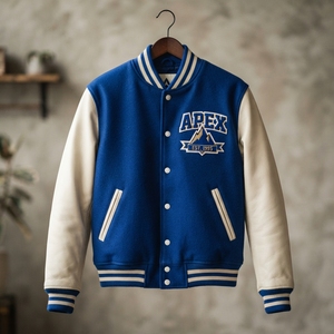 Custom Blue White <b>Letterman</b> <b>Jacket</b> Wool Body Leather Sleeves Snap Button Embroidered Patch College Style <b>Jacket</b> - Product Image 1