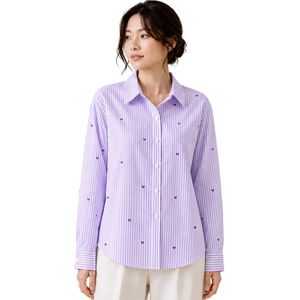 Camisa de Mujer Personalizada con Botones, Rayas Blancas y Moradas Lavanda, Blusa de Algodón de Manga Larga con Bordado de Corazón, Corte Holgado, Estilo Casual - Product Image 1
