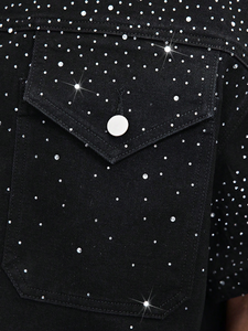 Rhinestone Denim <b>Shirt</b> <b>Mens</b> All Over Sparkle Glitter Washed Black Bling Embellished Short Sleeve Boxy Oversized - Product Image 5
