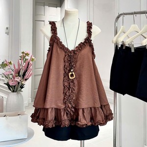 Ensemble short et haut sexy marron en mousseline de soie sans manches à col en V et volants pour femme – Tenue décontractée printemps-été respirante et à séchage rapide, coupe classique - Product Image 4