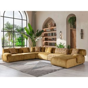 Juego de Sofás de Madera de Teca Sólida de Lujo Moderno, en Forma de L, 6 Plazas, Sofá Seccional Curvo de Terciopelo, Muebles Modulares para Sala de Estar - Product Image 6