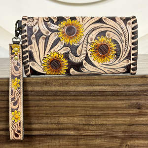 กระเป๋าสตางค์หนังแท้ลายดอกทานตะวันแบบสั่งทำพิเศษปี 2026 พร้อมสายคล้องมือ หนังวัวลายดอกไม้สไตล์ตะวันตกสำหรับสุภาพสตรี - Product Image 5