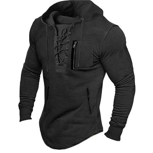 Sweat à capuche mi-long pour homme, style streetwear, avec lacets, cordon de serrage, couleur unie, manches longues, poches zippées, 100% coton, hiver - Product Image 3