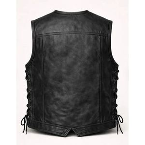 Gilet en cuir véritable pour homme, fermeture à lacets, couleur unie, style motard, vêtement d'extérieur d'automne, longueur normale - Product Image 2