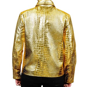 Men's Gold Embossed Leather Moto Jacket Turn-Down Collar Zipper Front Solid Color Autumn Wear - Product Image 2