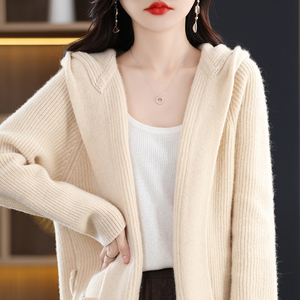 Cárdigan con Capucha de Punto Acanalado 100% Cachemira para Mujer, Cuello en V, Largo Medio, Suéter de Invierno - Product Image 5
