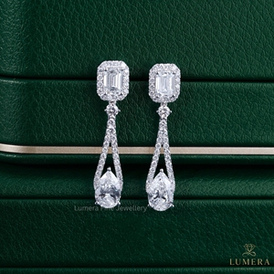 Elegant Emerald And Pear Cut Lab Grown Diamond Split Branch <b>Drop</b> Halo Micro Pave Earring Solid Gold Push <b>Back</b> Dangle Masterpiece - Product Image 4