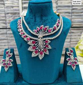 Elegant All-White Leaf Bouquet AD Accented <b>Statement</b> <b>Necklace</b> Set with Earrings Set For Women - Product Image 5