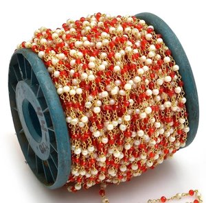 Chaîne de chapelet en perles de cornaline blanches hydro-couleurées, 3 mm, facettes rondelles, plaquée or, enveloppée de fil, bijoux - Product Image 4