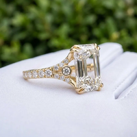 Anillo de Compromiso de Lujo con Diamante Cultivado en Laboratorio, Corte Esmeralda, E VS1, con Banda de Diamantes Pavé de Inspiración Vintage, Chapado en Oro, Certificado IGI