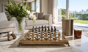 Jeu d'échecs en aluminium et laiton avec plateau en métal orné, pièces d'échecs artisanales dorées et noires, jeu d'échecs décoratif haut de gamme pour la maison - Product Image 4