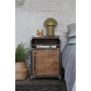 Mesa de Noche Industrial de Madera Maciza de Mango con Estructura Metálica |   Mesita de Noche Moderna con 2 Cajones y Estante Abierto para Almacenamiento | - Product Image 1