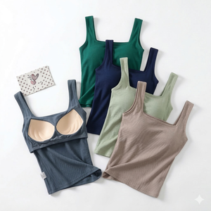 Débardeur côtelé personnalisé pour femme, couleur unie, col carré, épaules larges, dos élégant, avec bonnets fixes, pour porter en extérieur ou comme sous-vêtement - Product Image 1