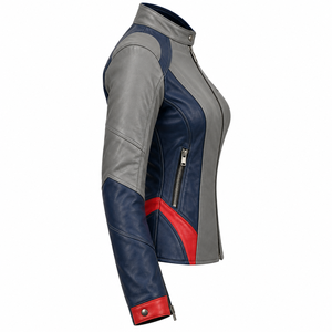 Veste de moto en cuir véritable pour femmes, gris foncé, bleu, rouge, vêtements de sport pour motocross, vêtements de motard, streetwear - Product Image 3