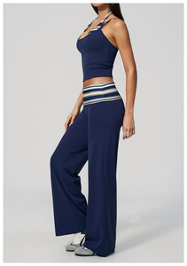 Halter Neck Crop Top High Waist Wide Leg Pants 2 Piece Set Striped Contrast Binding Yoga Wear - Product Image 4