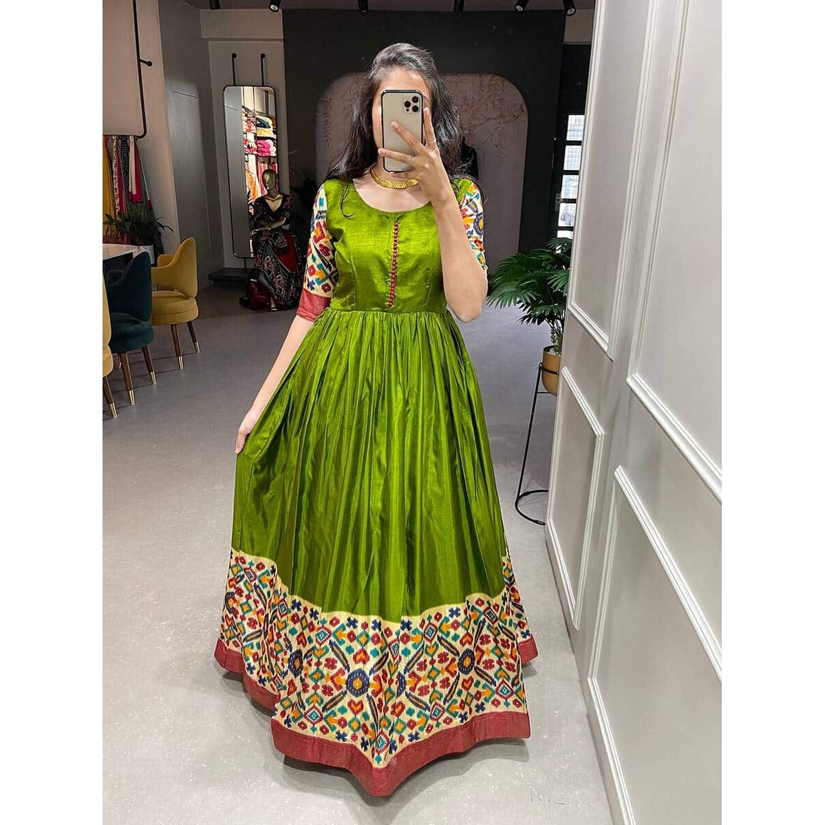 LATEST DOLA SILK PRINT WITH FOIL WORK ONLY GOWN PERROT GREEN