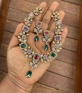 Vibrant Afghan Multi Color Navratna Style Emerald <b>Ruby</b> And Amethyst Crystal Floral Vine <b>Necklace</b> Set - Product Image 5