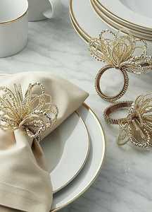 Anneaux de serviette modernes en organza transparent avec perles florales et fil doré, durables, écologiques, largeur personnalisable, pour table de mariage - Product Image 2