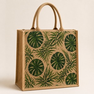 Sac fourre-tout en jute tissé personnalisé avec imprimé feuilles, poignée longue en corde, réutilisable pour le commerce de détail, l'épicerie et les cadeaux - Product Image 6