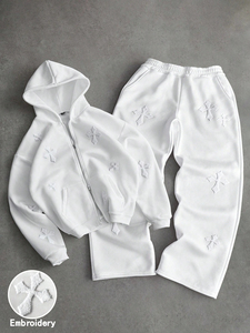 Unisex <b>White</b> Hooded Tracksuit Set Embossed Cross Design Full Zip Sweatshirt <b>Jogger</b> Pants Casual Loose Fit Autumn Wear - Product Image 4