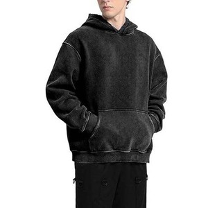 Sudaderas con capucha para hombre, estilo vintage, oversize, de felpa con lavado ácido, de peso pesado, estilo streetwear, negras - Product Image 2