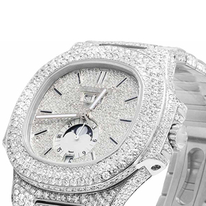 Montre à quartz en acier inoxydable style hip-hop, sertie de moissanite et de diamants VVS, bracelet de 20 mm, verre traité - Product Image 2
