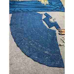 RICH LOOK SILK SEQUENCE BRODERIE CODAGE TRAVAIL LEHENGA CHOLI AVEC DUPATTA BLEU MARINE - Product Image 1