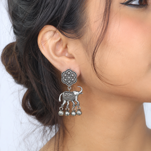 MOQ Available Oxidized Silver Animal Drop Earrings <b>Elephant</b> Motif Antique Silver Plated Indian Traditional Women Bulk Supplier - Product Image 3