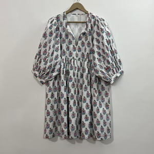 Robe Tunique Mini Formelle en Coton Écologique Imprimée à la Main Motif Floral, Col en V, Manches 3/4, Ourlet à Volants en Dentelle, Lavable Naturellement - Product Image 1