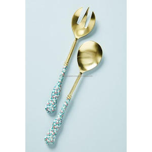 Metal Salad Server <b>Set</b> Gold Finish Stainless Steel Salad <b>Spoon</b> & <b>Fork</b> <b>Set</b> With Resin Handles Customizable Designs Accepted - Product Image 4