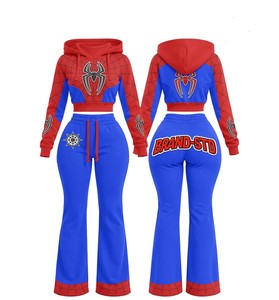 Custom Womens Applique Embroidery Hoodie Sweatpants Set Streetwear Slim Fit Cropped Sweatsuit Flare <b>Pants</b> Set Two Piece OEM - Product Image 3
