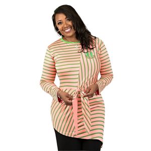 Blusa Casual de Moda para Mujer, Manga Larga, con Rayas Multicolores, Asimétrica, con Lazo Delantero, en Rosa, Verde y Crema - Product Image 5