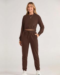 Conjunto Deportivo Informal Marrón para Mujer, Manga Larga, Cuello Redondo, Color Sólido, Pantalones con Cordón, Corte Holgado, Ropa de Otoño - Product Image 5