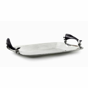 Plateau de service carré moderne en aluminium argenté, plateau décoratif de luxe en métal avec poignée en fausse corne pour la décoration de la maison - Product Image 4