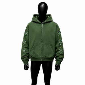 Sweat-shirt à capuche zippé vert pour homme avec imprimé à pois pailletés, coupe classique, en molleton décontracté, pour l'automne, style streetwear de luxe, en solde - Product Image 1