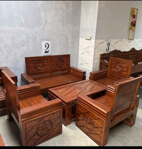 Traditional Teak Sofa Set with Carved Backrest and Matching <b>Coffee</b> <b>Table</b> for Living Room Apartment Villa Home Furniture - Product Image 6