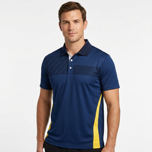 Polo pour homme, bleu et jaune, à blocs de couleur, manches courtes, tricoté, 100% polyester, séchage rapide, vêtements décontractés - Product Image 3